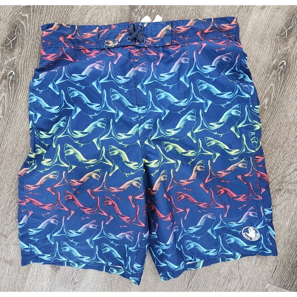 Body Glove Boys Navy Blue Rainbow Shark Print Swim Trunks Board Shorts
